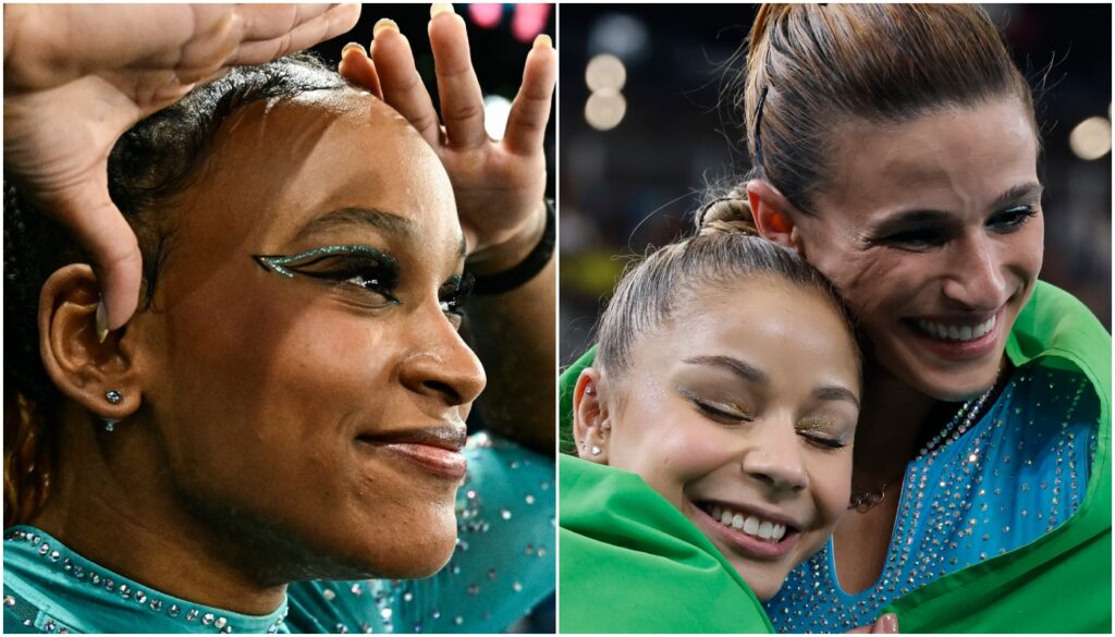 Rebeca Andrade foi ouro no solo em Paris (à esquerda) junto de seu time, que conta com ginastas como Flávia Saraiva e Jade Barbosa (Crédito: GABRIEL BOUYS/AFP via Getty Images | Al Bello/Getty Images)